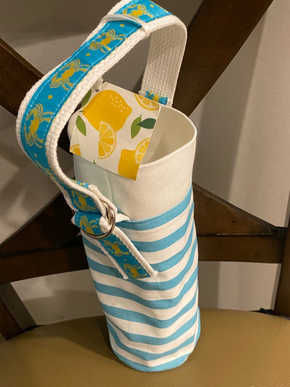 Striped Blue & White Wine Tote Bag with Patterned Strap